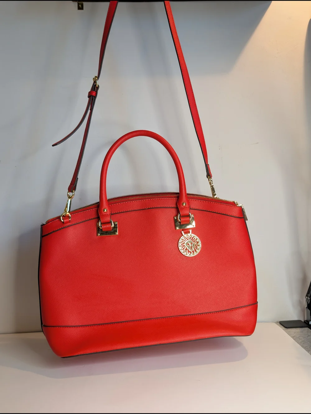 Anne Klein Red Satchel W/Top Handle Zip & Gold Hardware & Detachable Strap